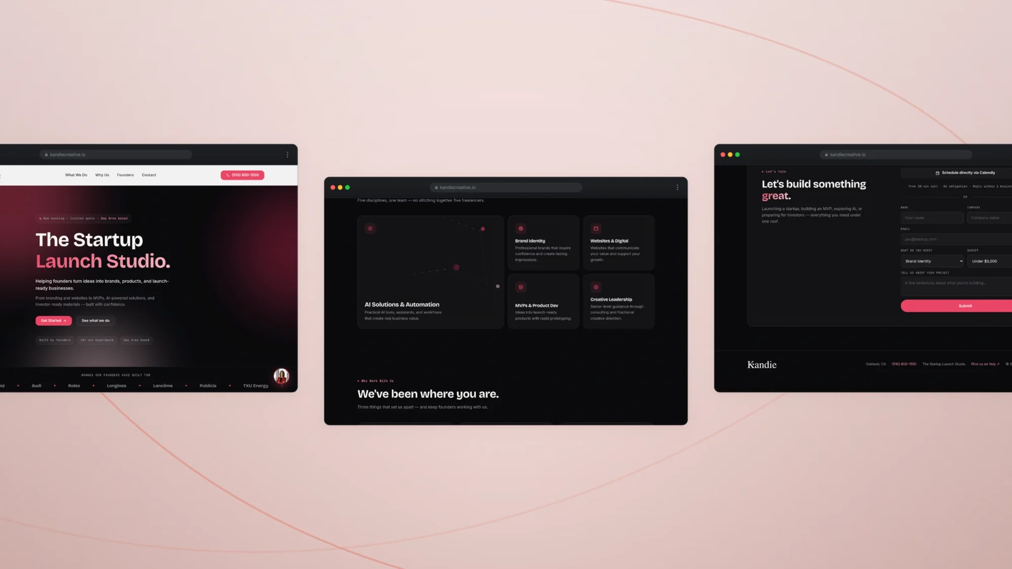 Three screens in perspective — hero, services and the close