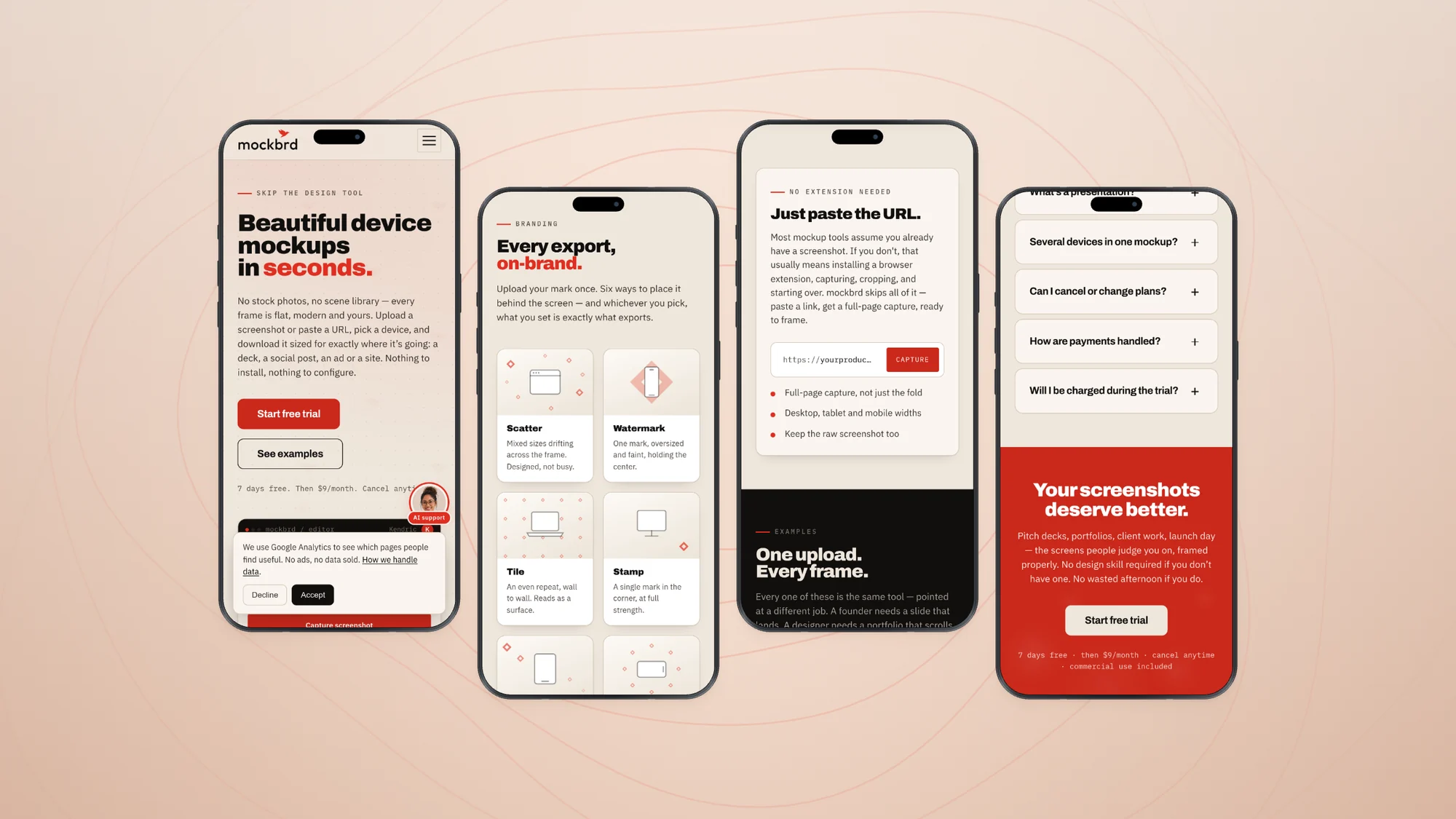 mockbrd on four phones — the homepage, the branding grid, URL capture and the closing call to action