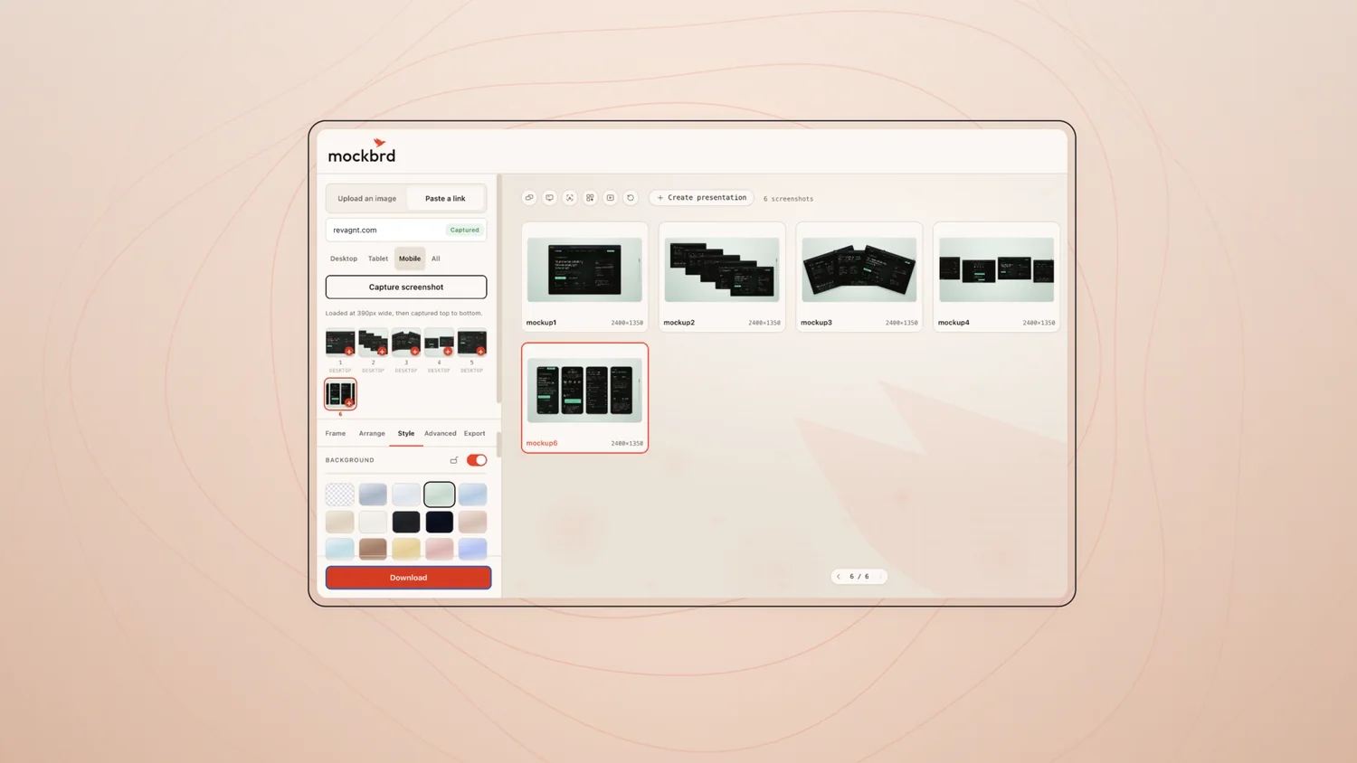 A captured set of six mockups rendered from one URL