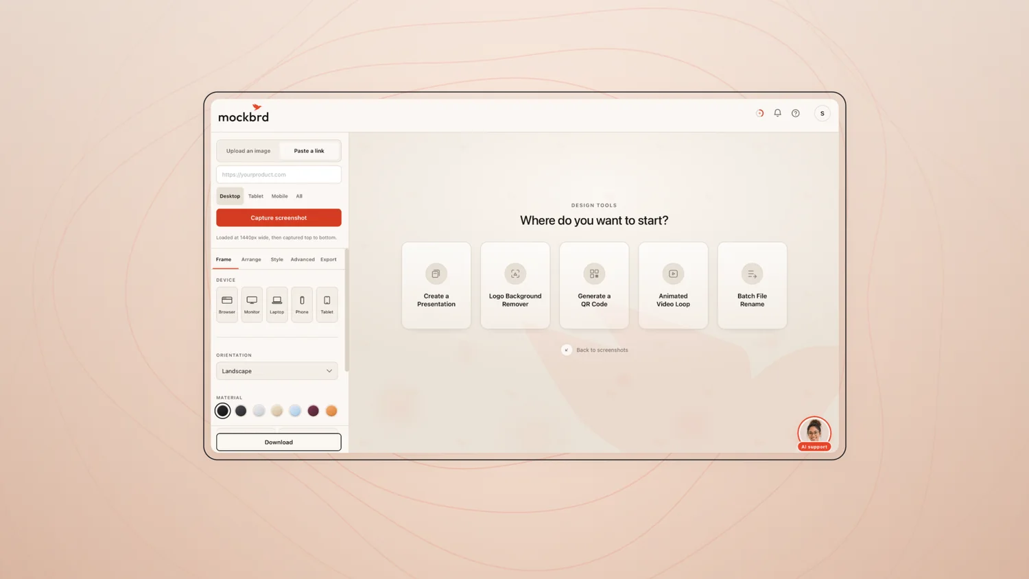 The design tools picker — presentations, background remover, QR codes, video loops, batch rename