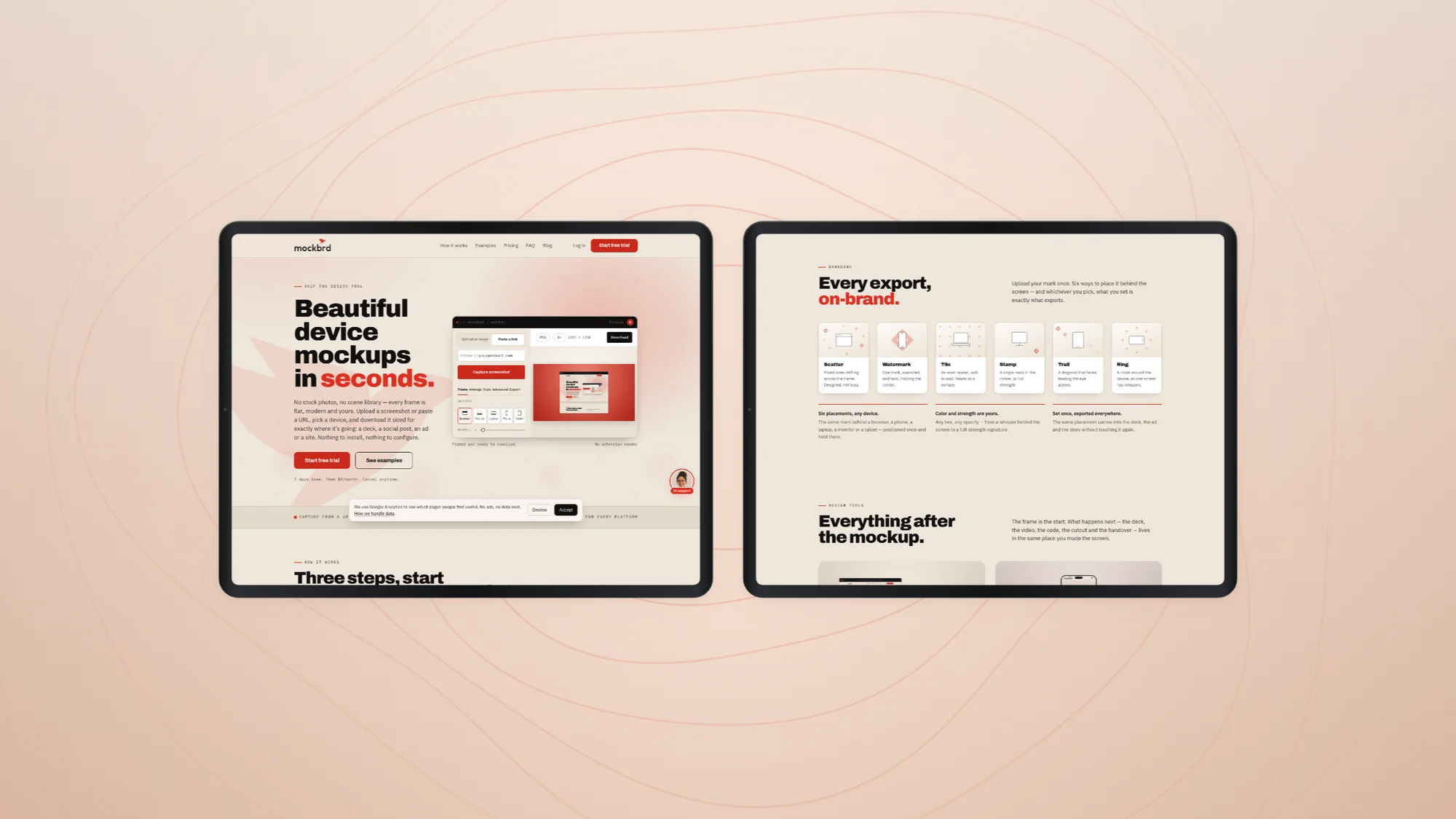 Two tablets — the homepage and the branding page side by side