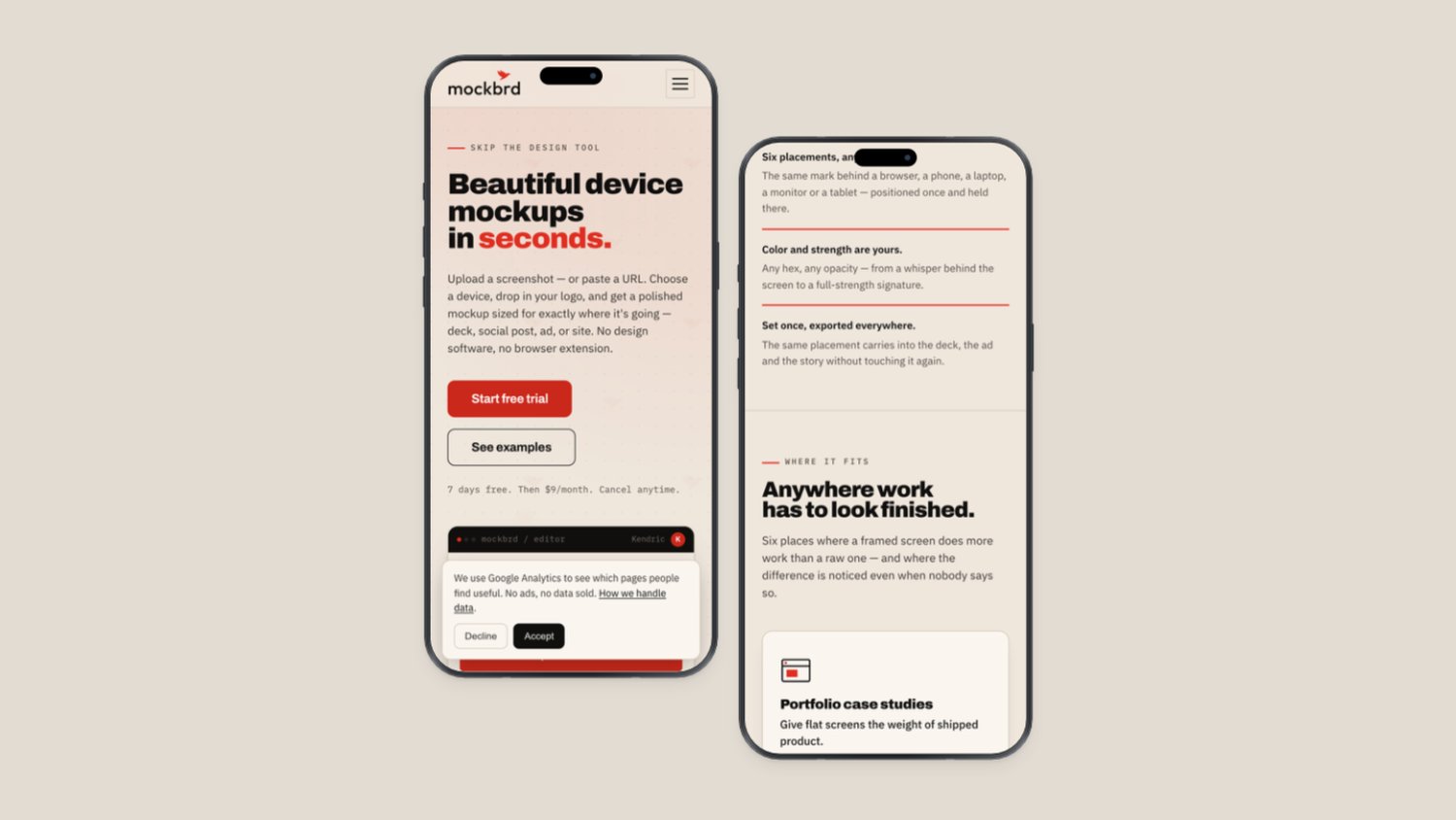 mockbrd on iPhone — the homepage and the branding section