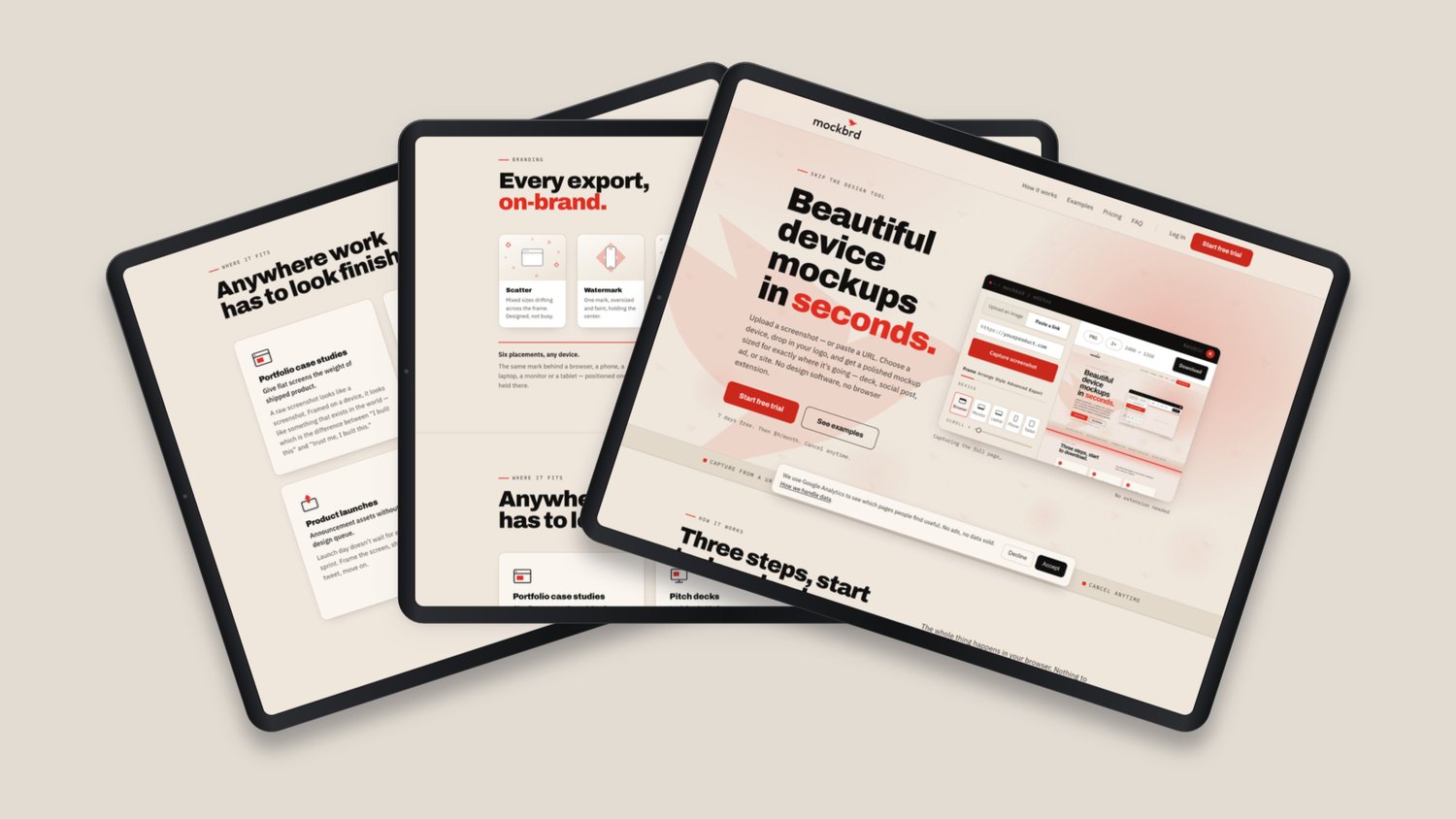 The marketing site across tablet — homepage, branding placements and where it fits