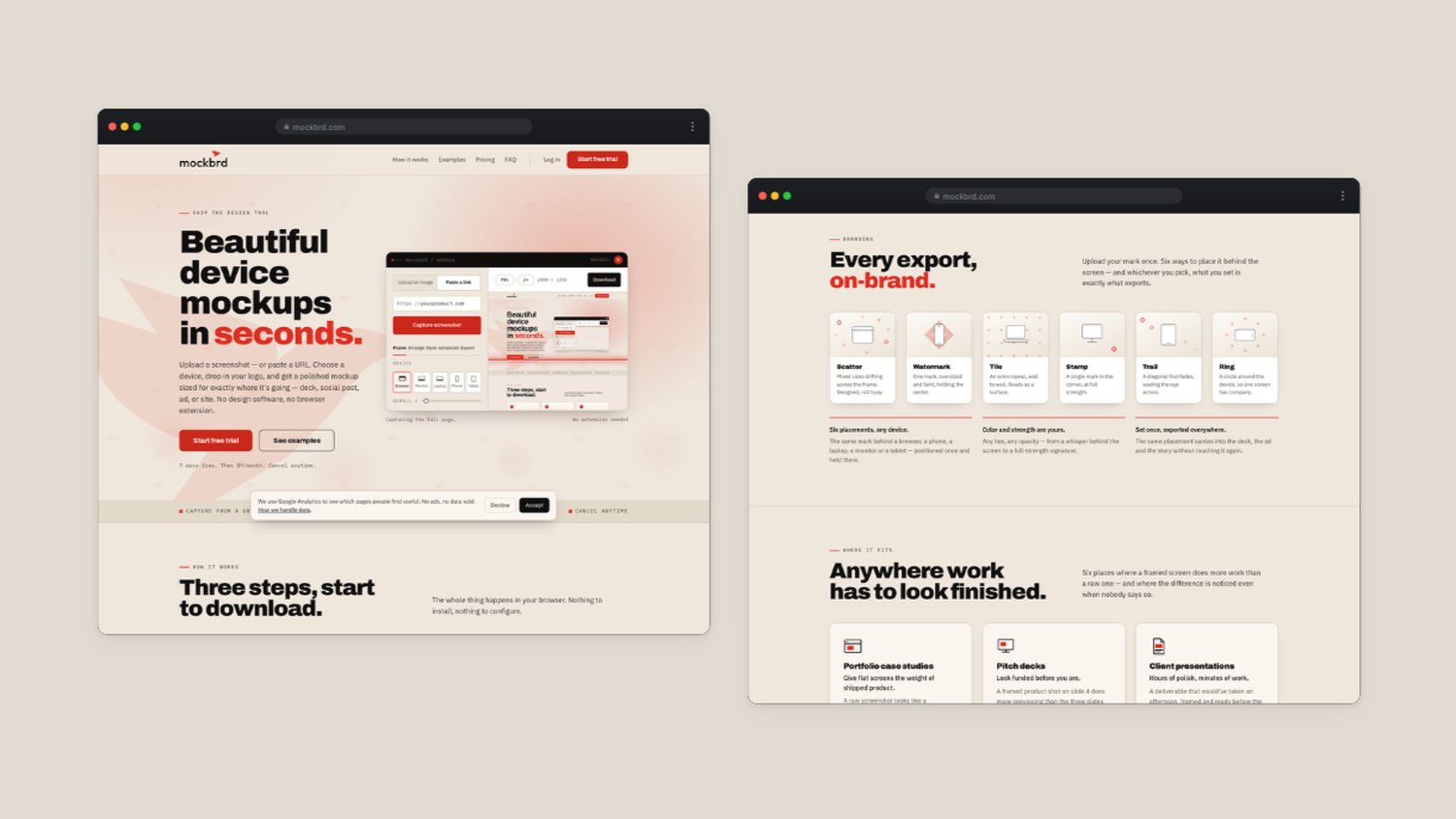 Two pages of the site — the hero and the branding system