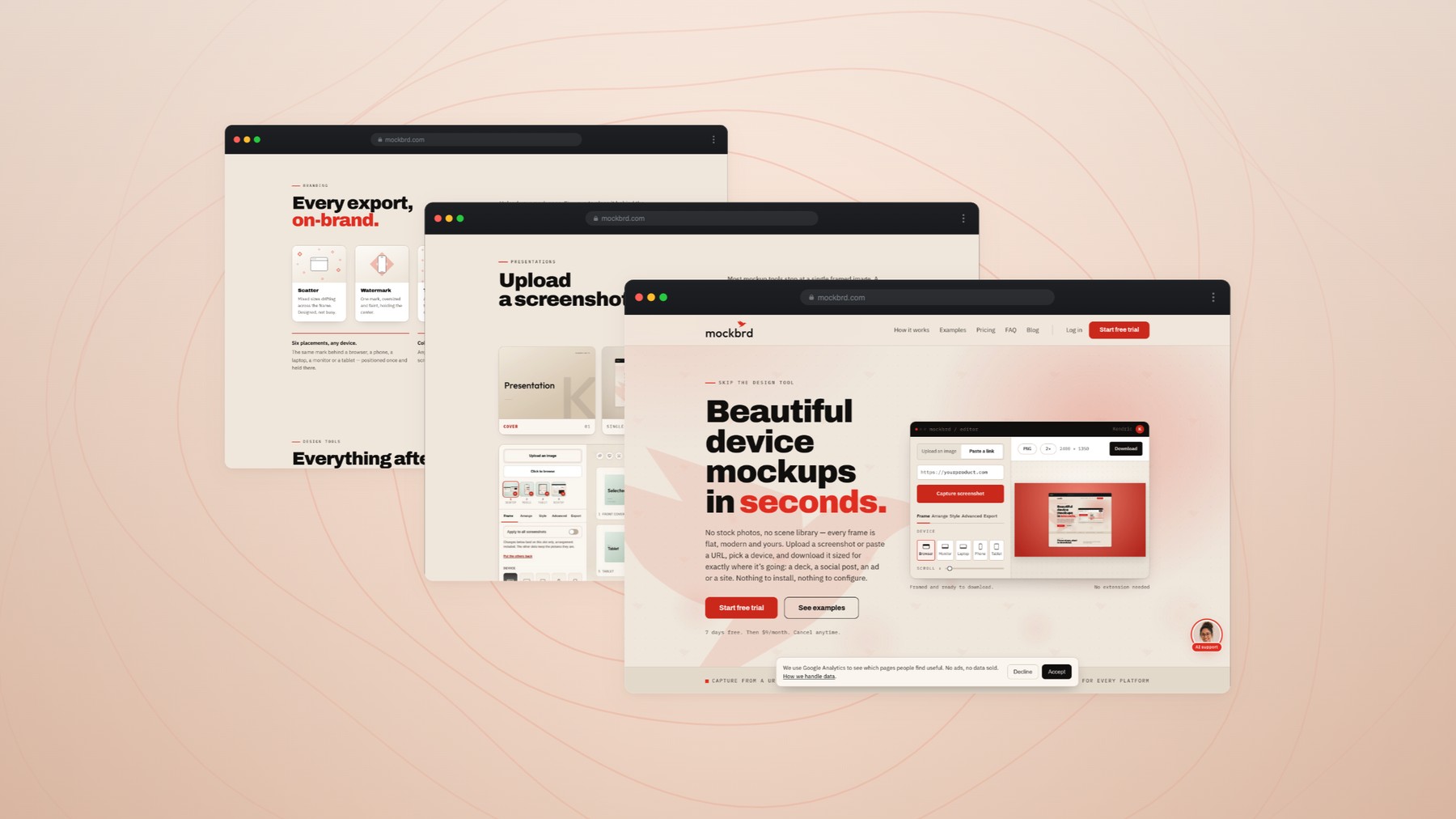 mockbrd — three browser windows cascading: the branding page, the presentations page and the homepage