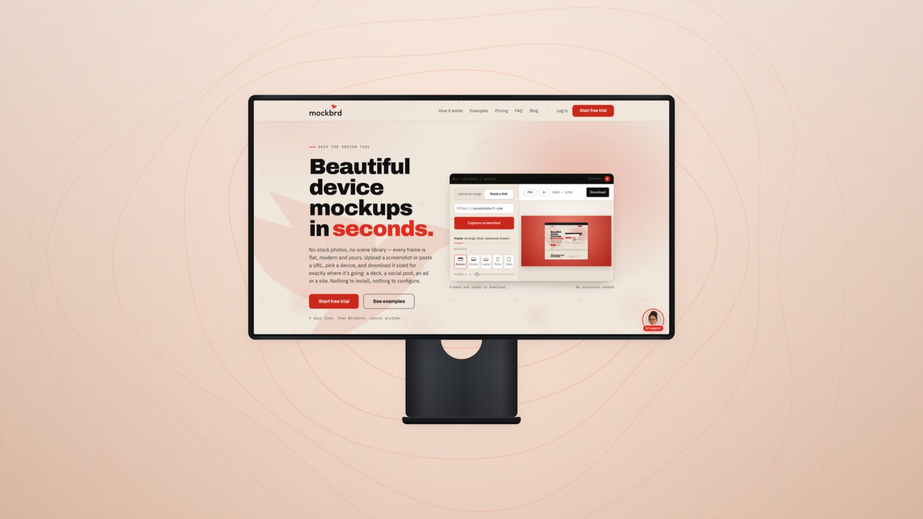 The mockbrd homepage on a desktop display — the claim with the editor beside it