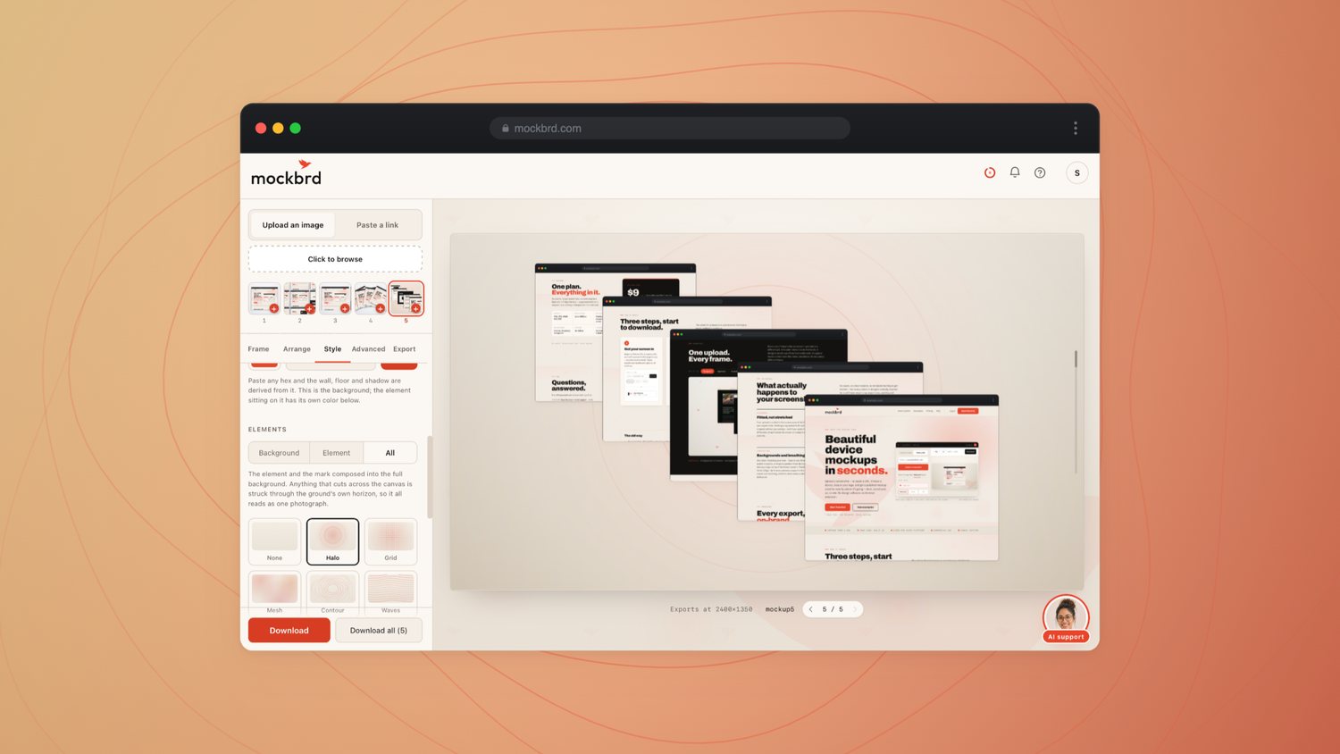 The mockbrd studio — frame, arrange, style and export a screenshot into a finished mockup