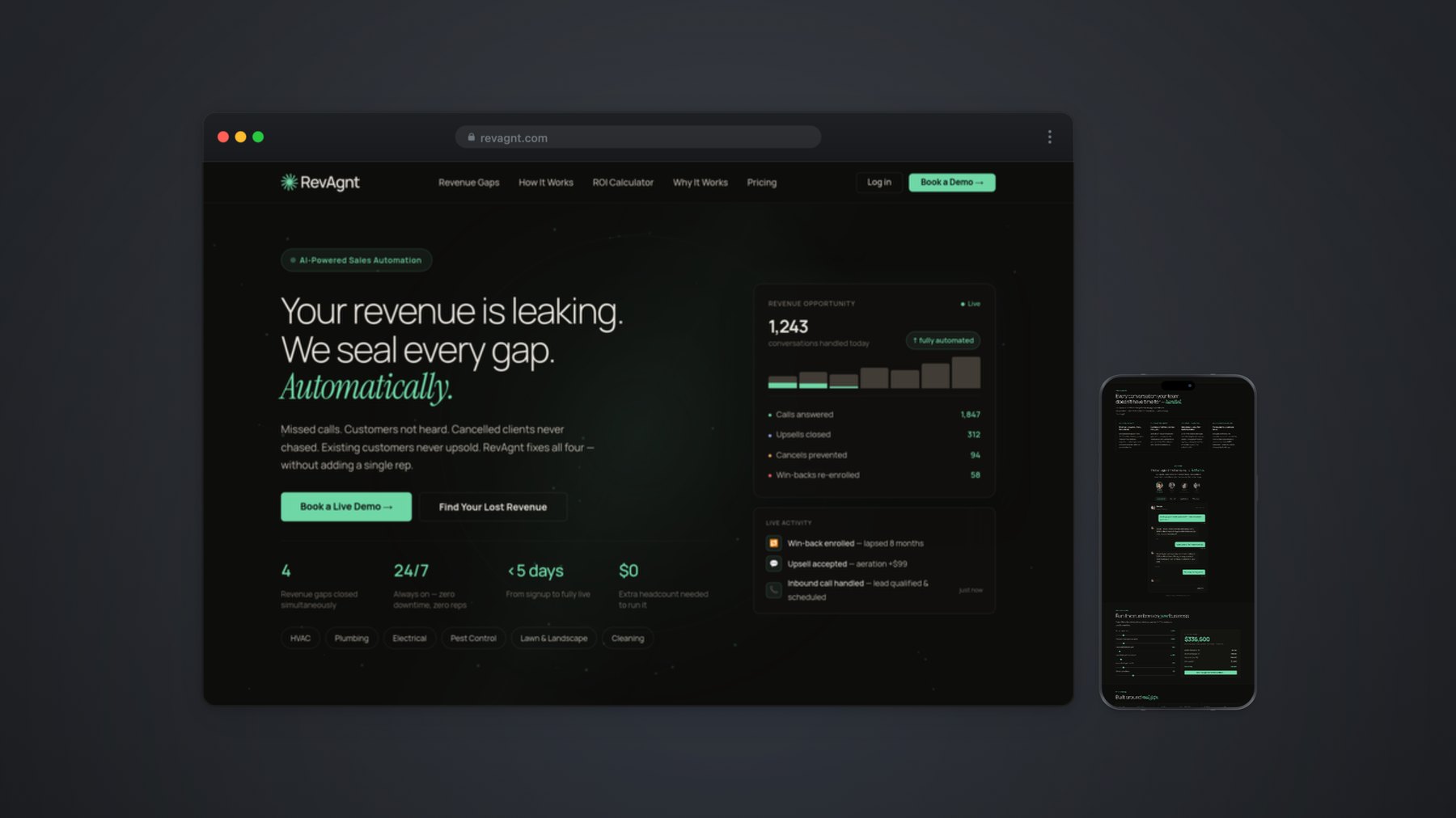 RevAgnt — the homepage on desktop and mobile