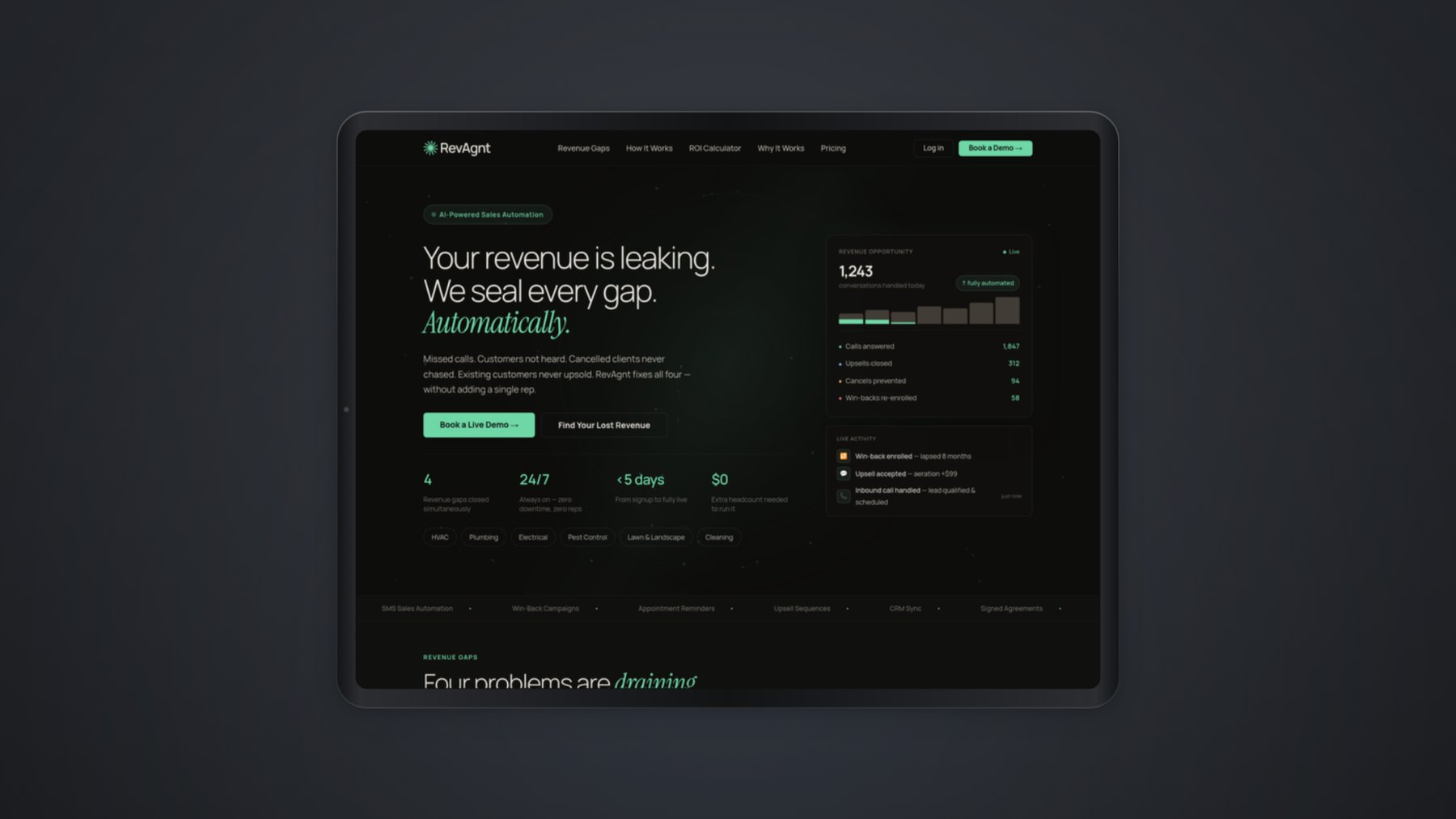 RevAgnt on tablet — the landing page