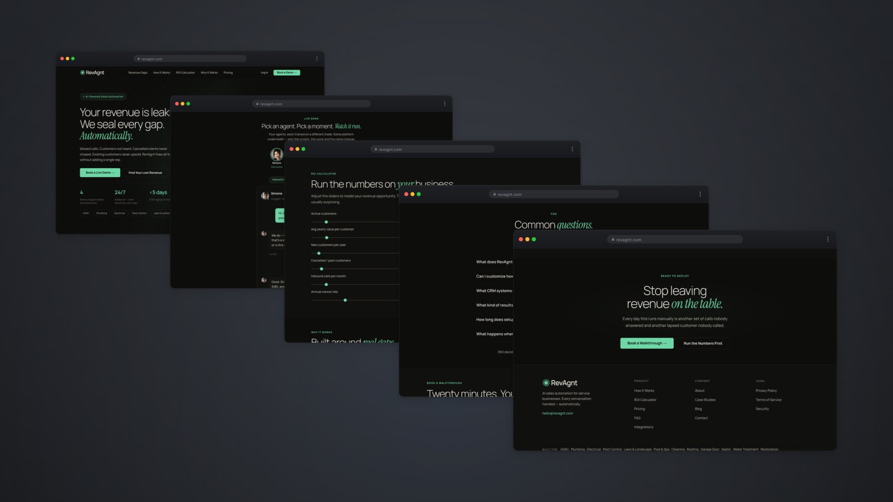 The page system — hero, demo, calculator and FAQ