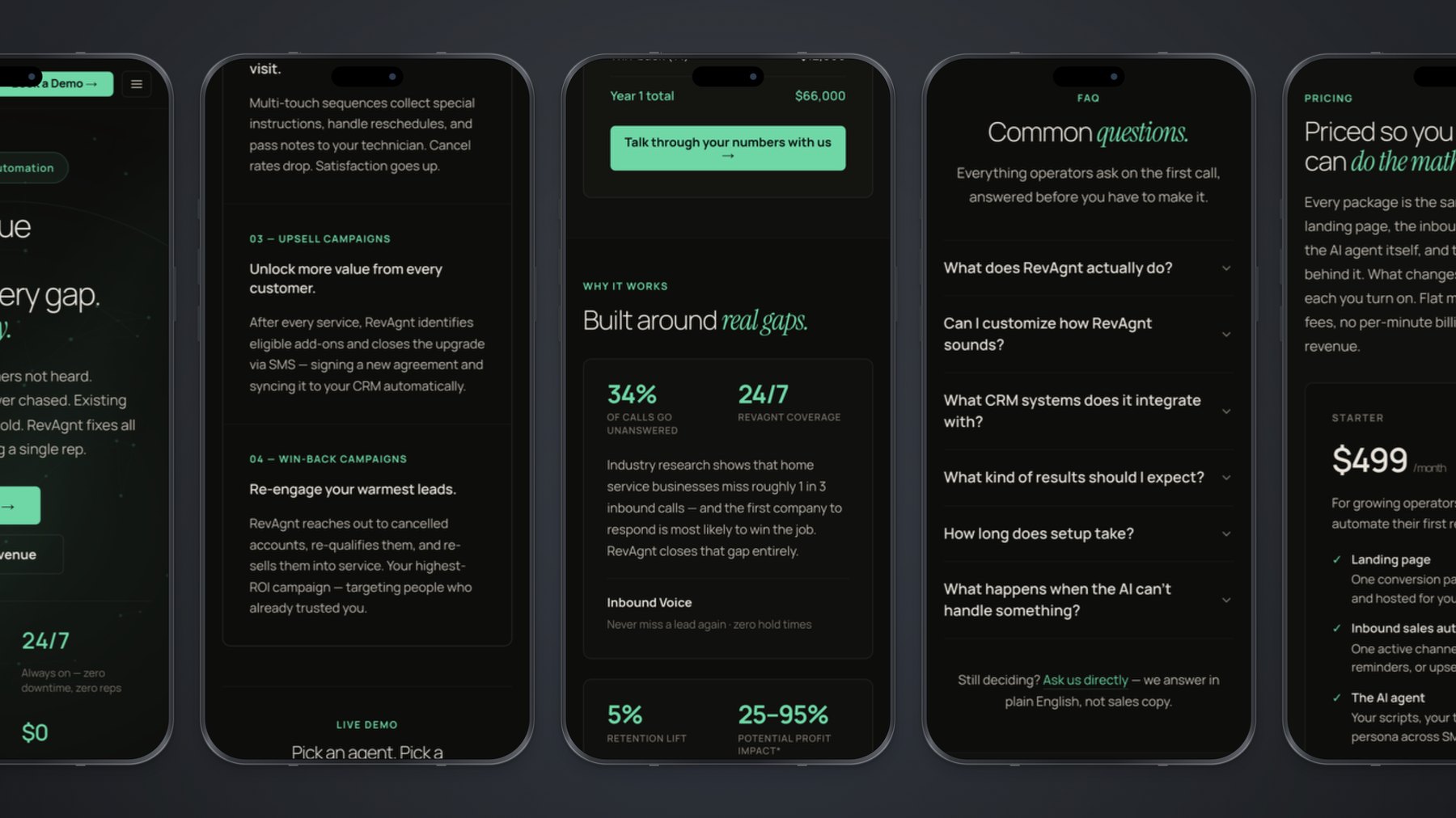 The site across mobile — demo, calculator, FAQ and pricing