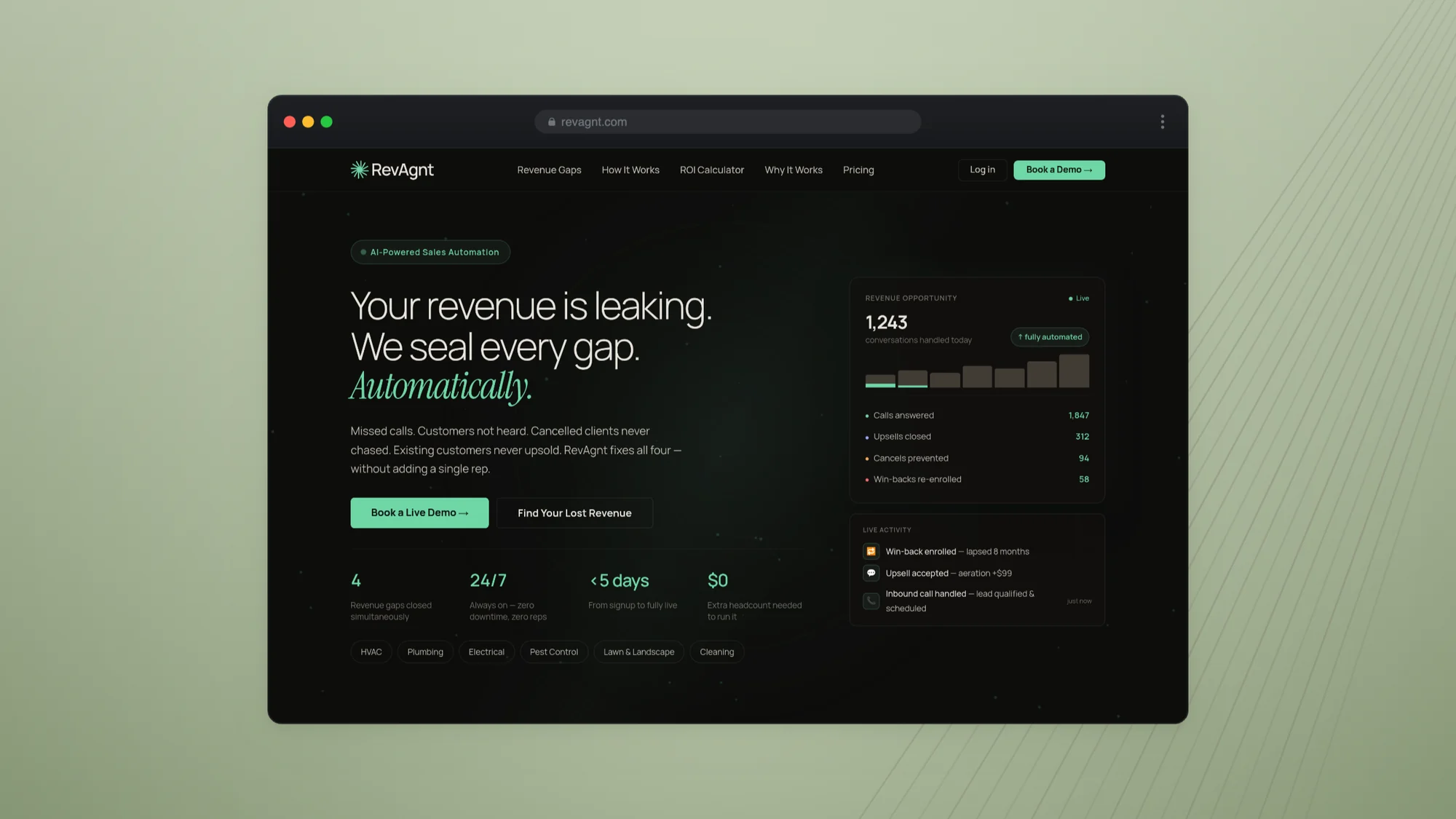 The RevAgnt landing page — the opening claim and the four revenue gaps beneath it