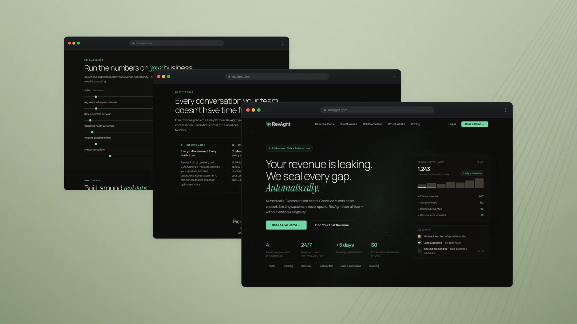 RevAgnt — the landing page across three browser windows