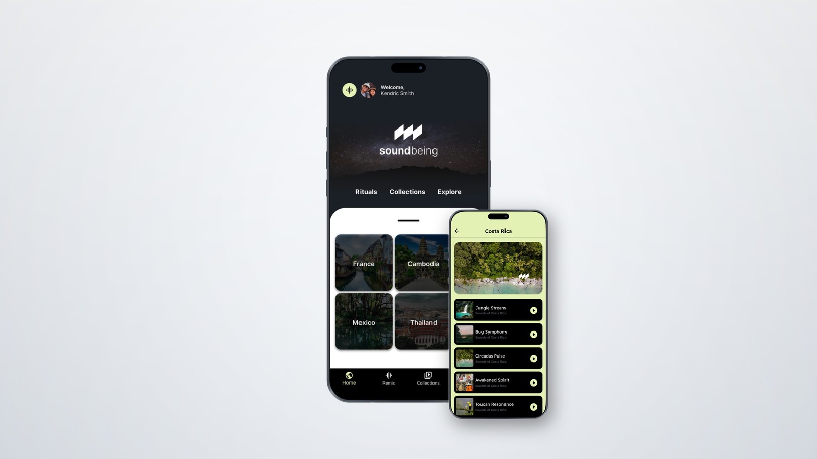 Soundbeing — home screen and Costa Rica collection on iPhone