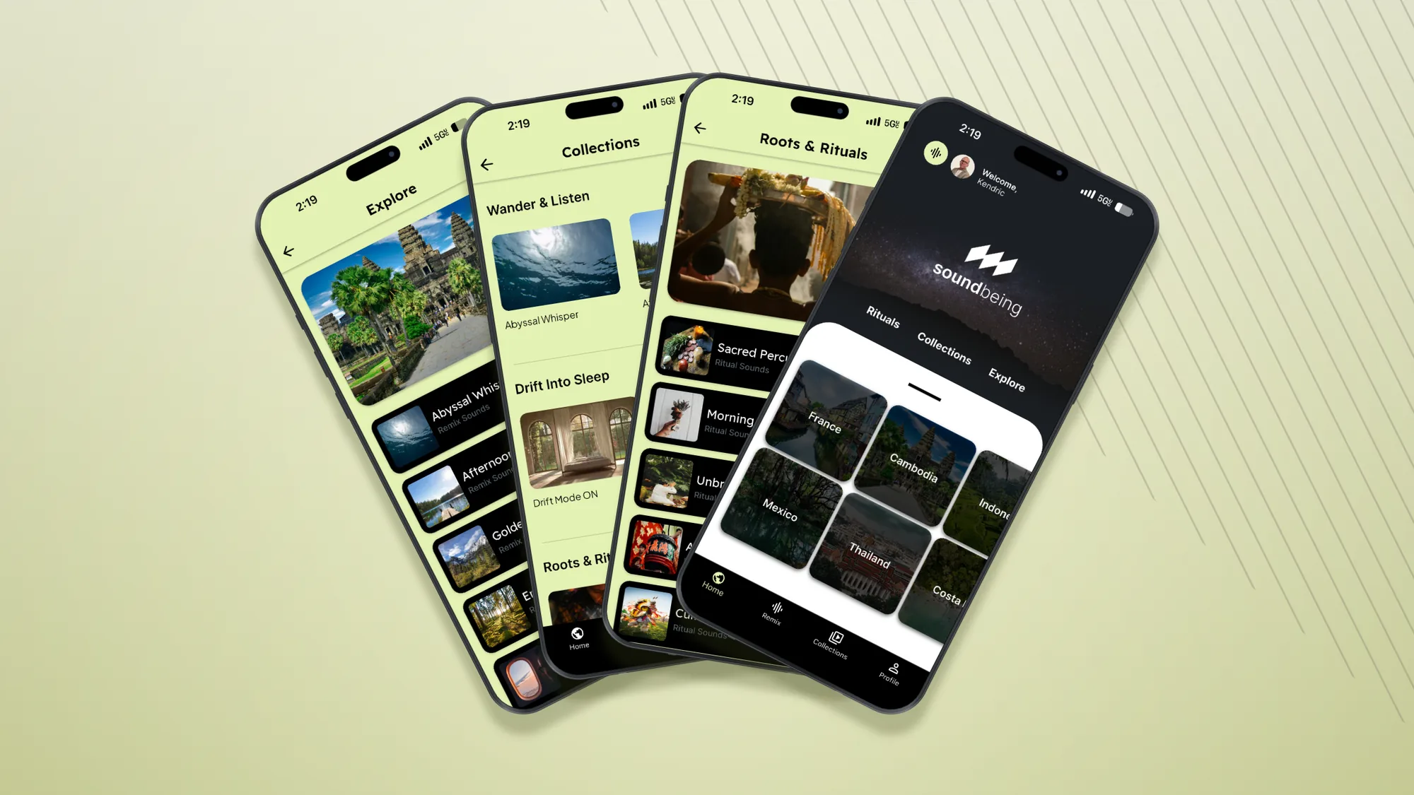 Soundbeing — Explore, Collections, Roots & Rituals and the home screen, fanned