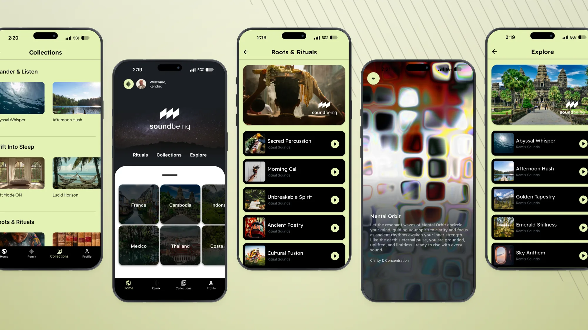 Five Soundbeing screens in a row — Collections, home, Roots & Rituals, a session, and Explore